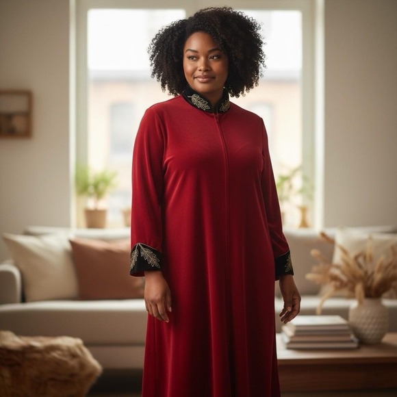 Vintage Davero Red Velour Maxi Caftan Dress Women's XL 1/4 Zip Gold Embroidery - Picture 4 of 11